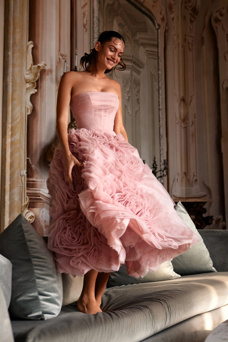 Unreal Sensibility Tulle Strapless Midi Dress | Jewelclues | #color_blush