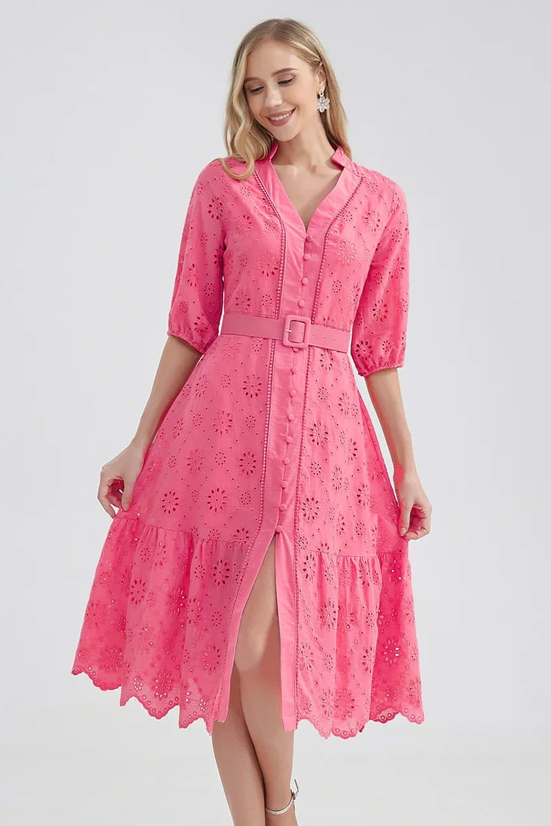 Vacation Romance Eyelet Midi Dress | Jewelclues #color_hot pink