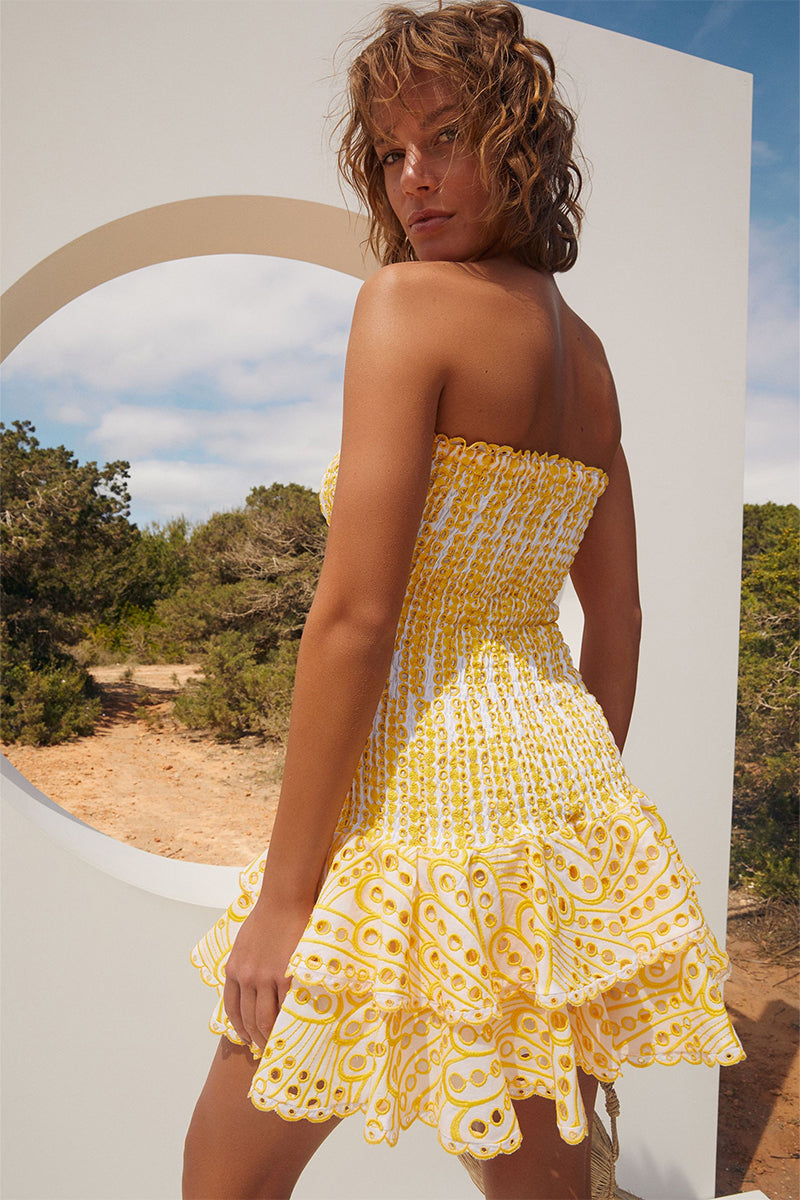 Vacay Season Eyelet Strapless Mini Dress | Jewelclues | #color_yellow