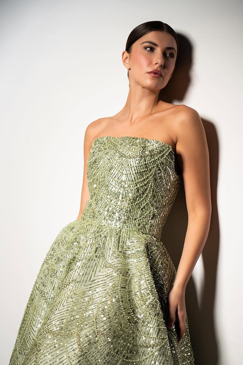 Valencia Strapless Beaded Ball Gown | Jewelclues #color_sage