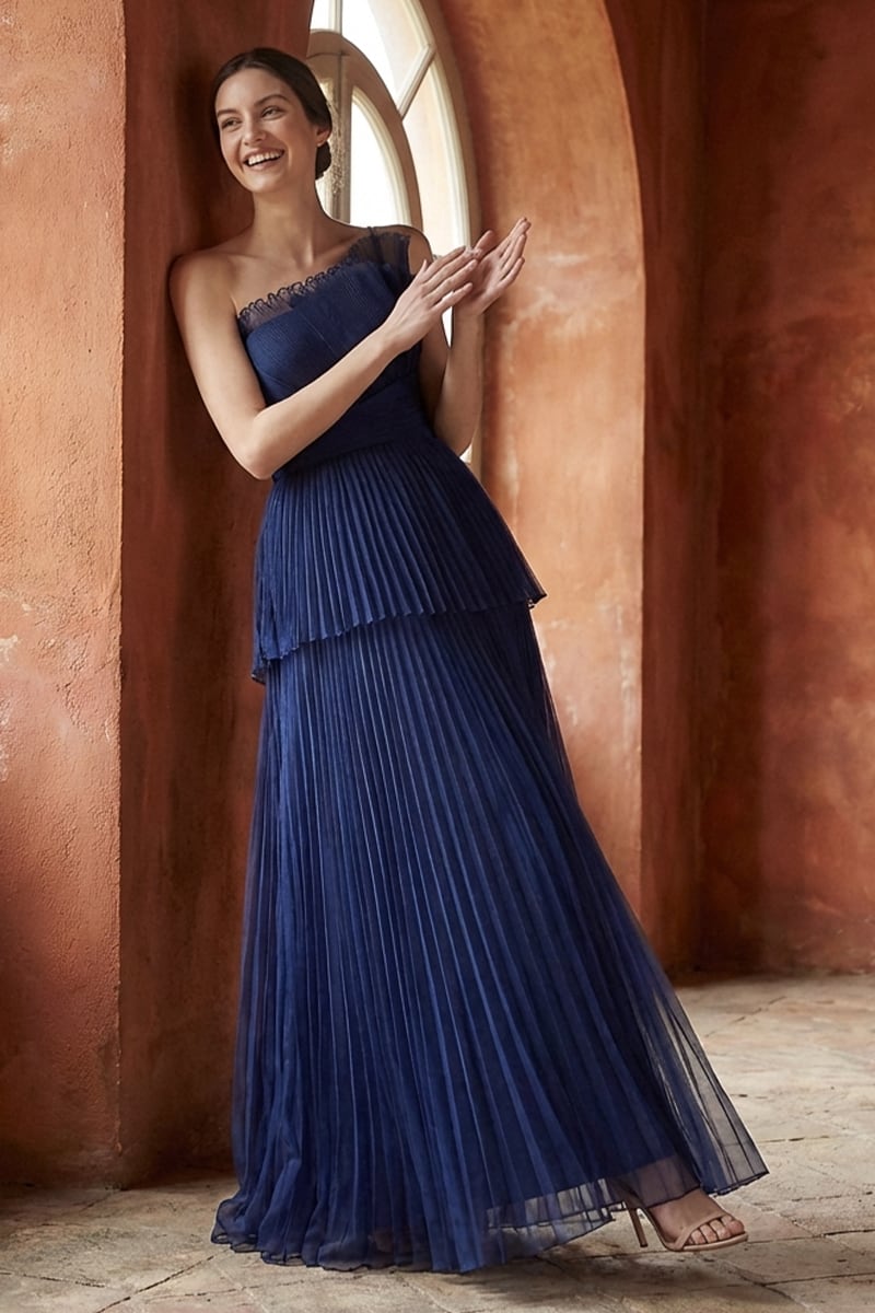 Valerie One-Shoulder Pleated Maxi Dress | JewelClues #color_navy blue