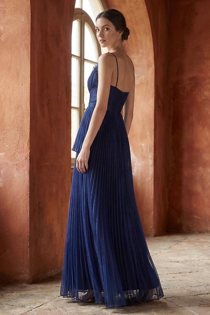 Valerie One-Shoulder Pleated Maxi Dress | JewelClues #color_navy blue