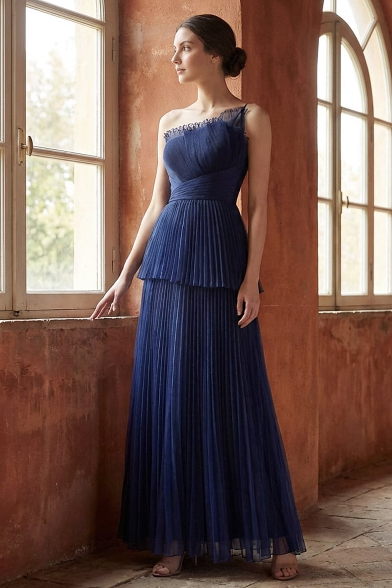 Valerie One-Shoulder Pleated Maxi Dress | JewelClues #color_navy blue