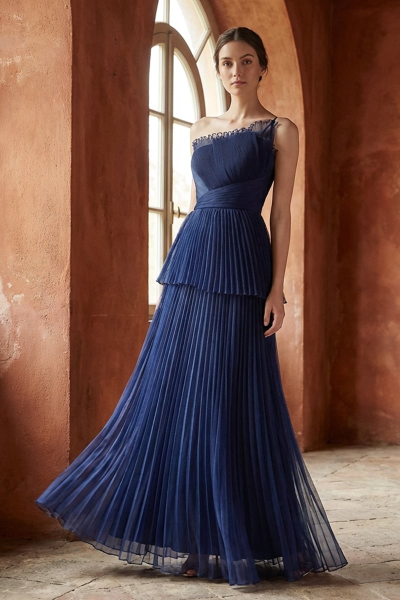 Valerie One-Shoulder Pleated Maxi Dress | JewelClues #color_navy blue