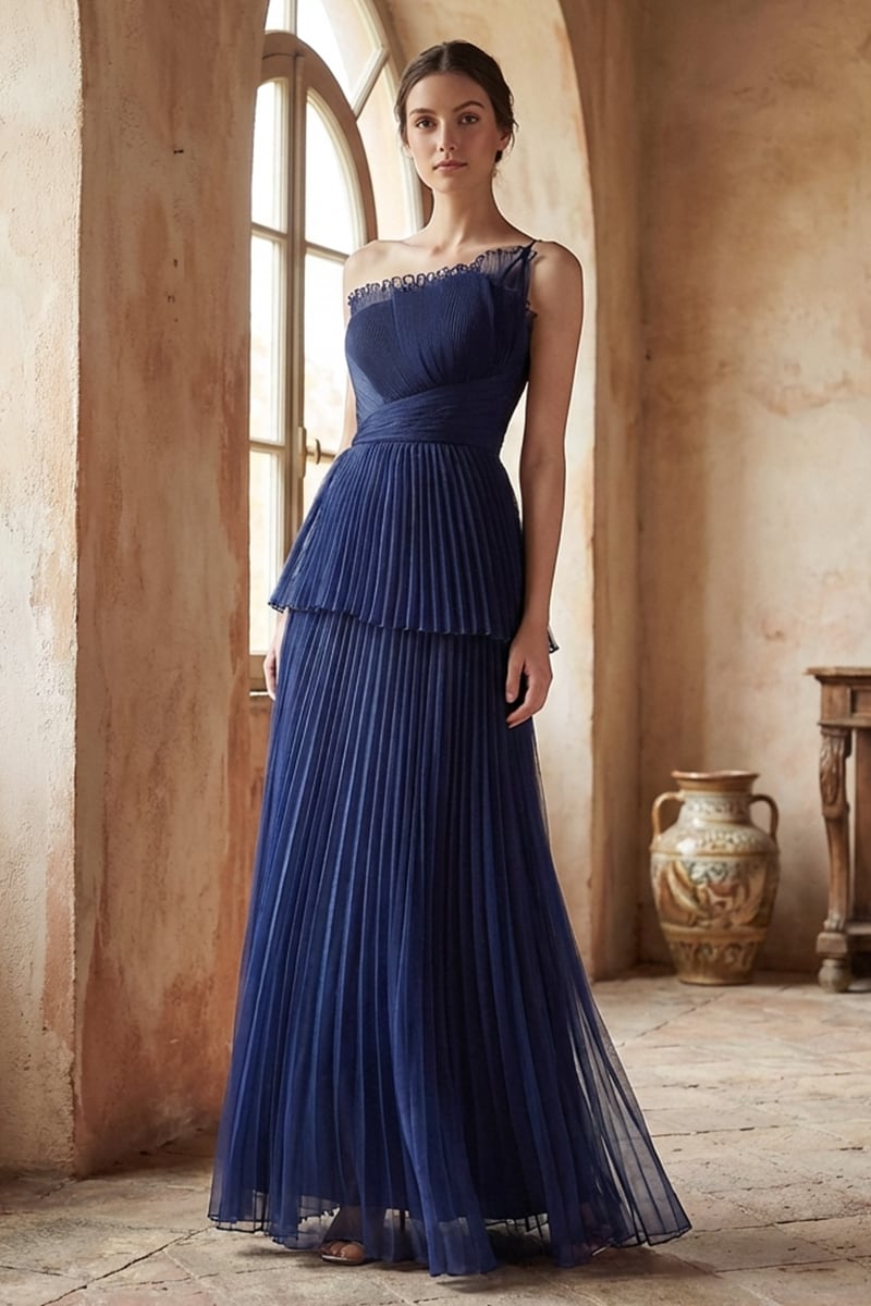 Valerie One-Shoulder Pleated Maxi Dress | JewelClues #color_navy blue