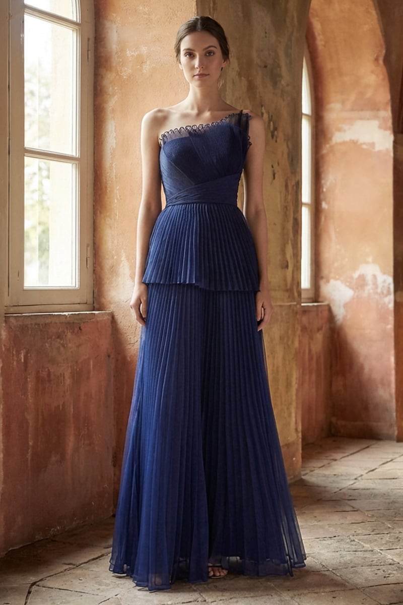 Valerie One-Shoulder Pleated Maxi Dress | JewelClues #color_navy blue
