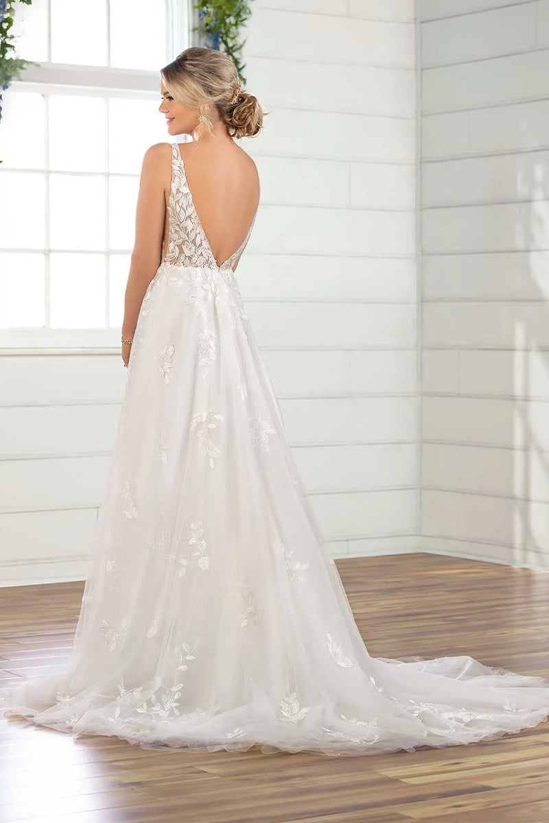 Valette A-Line Lace Tulle Chapel Train Wedding Dress | Jewelclues | #color_ivory