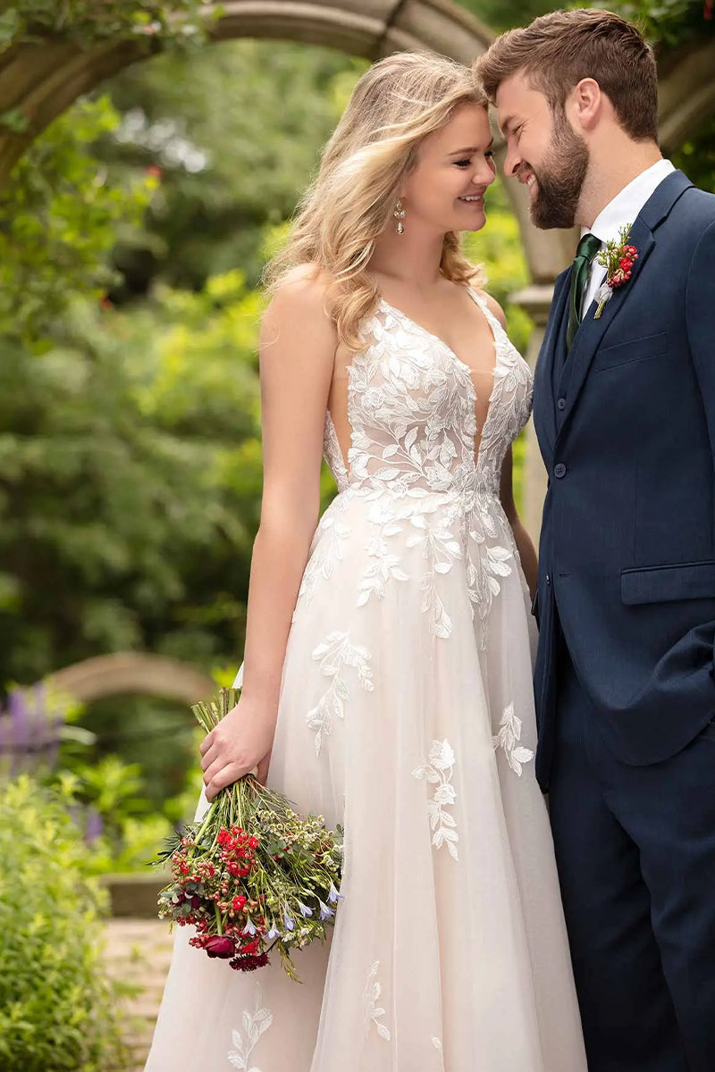 Valette A-Line Lace Tulle Chapel Train Wedding Dress | Jewelclues