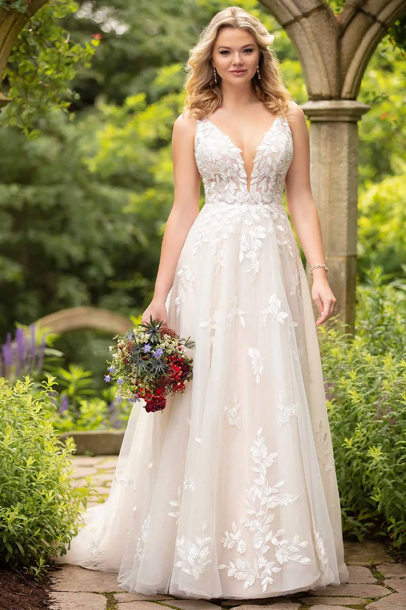 Valette A-Line Lace Tulle Chapel Train Wedding Dress | Jewelclues | #color_champagne