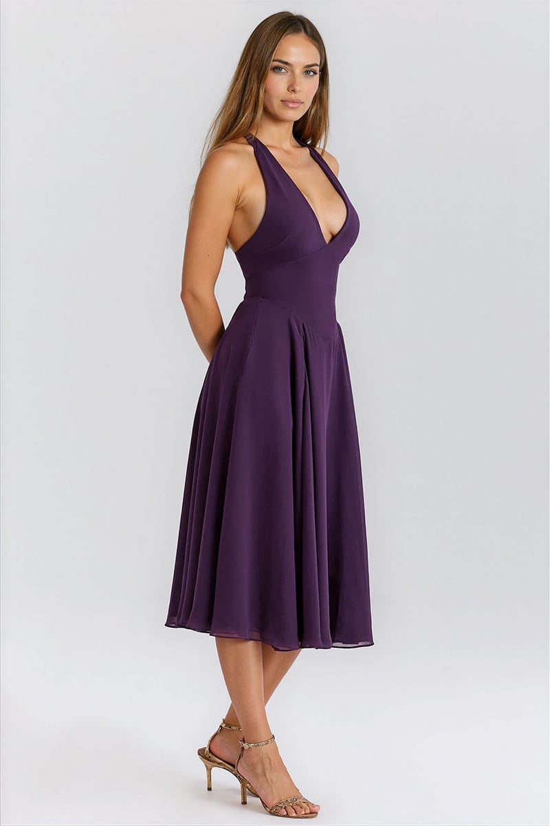 Violetta Plunge Halter Midi Dress | Jewelclues