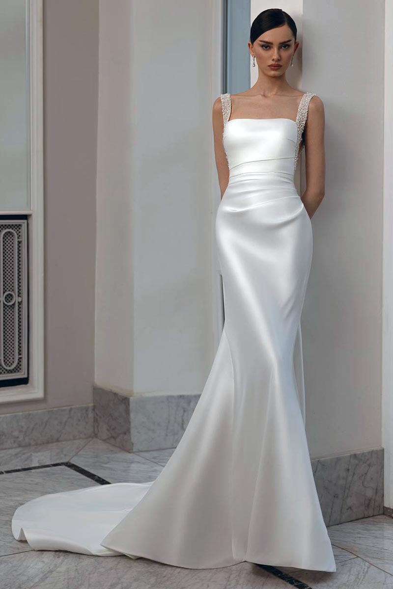 Viviana Pearl Beaded Wedding Dress | Jewelclues #color_white