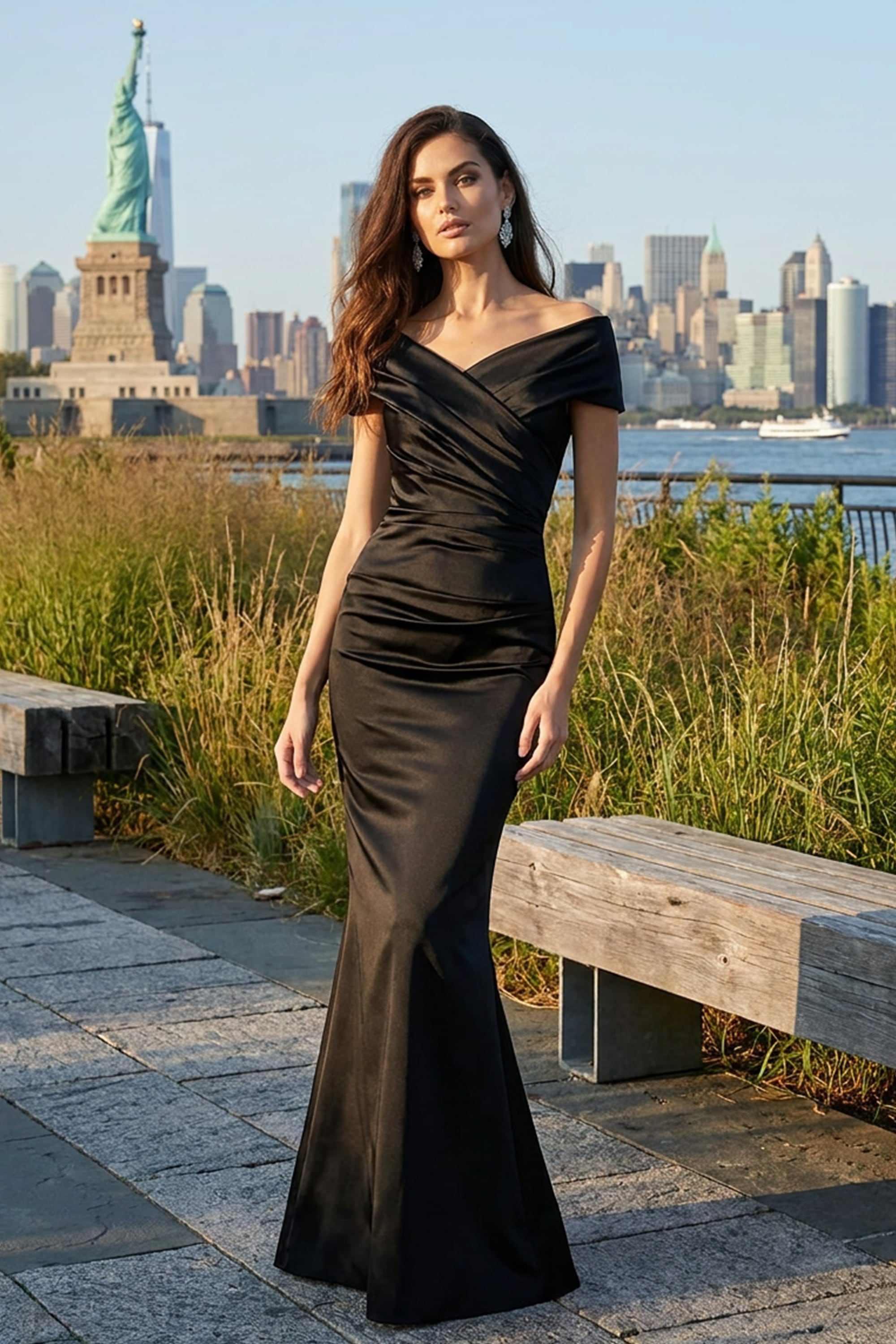 Vivienne Off-The-Shoulder Satin Gown | JewelClues #color_black