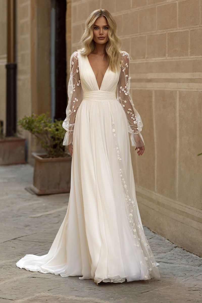 Whispering Love Long Sleeve A-Line Wedding Dress | Jewelclues #color_ivory