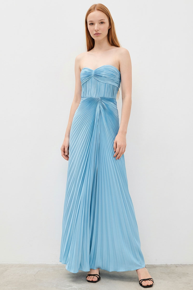 Zenia Pleated Satin Gown | JewelClues #color_sky blue