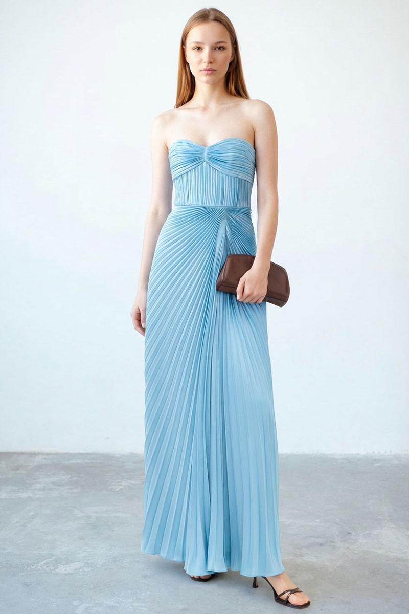Zenia Pleated Satin Gown | JewelClues #color_sky blue