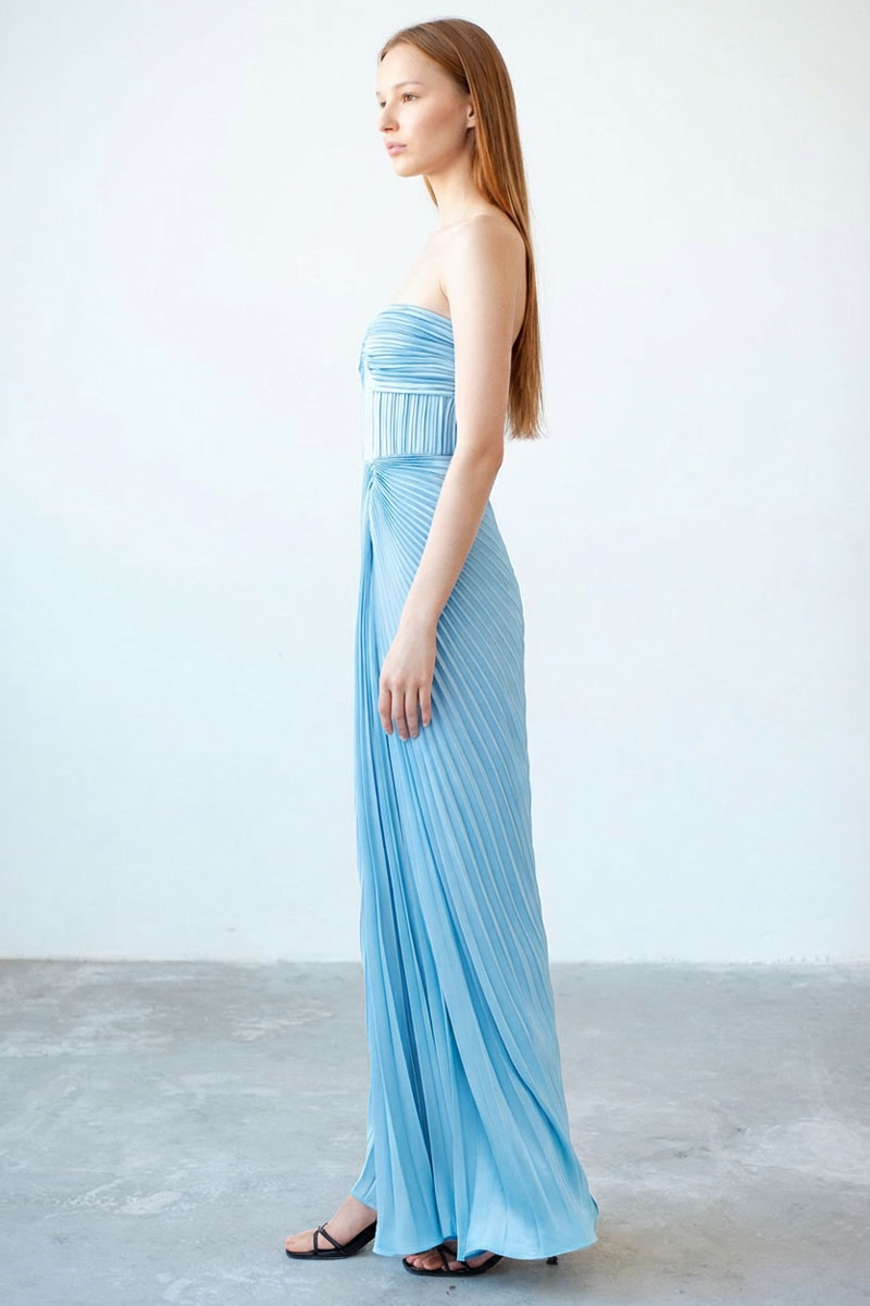 Zenia Pleated Satin Gown | JewelClues #color_sky blue