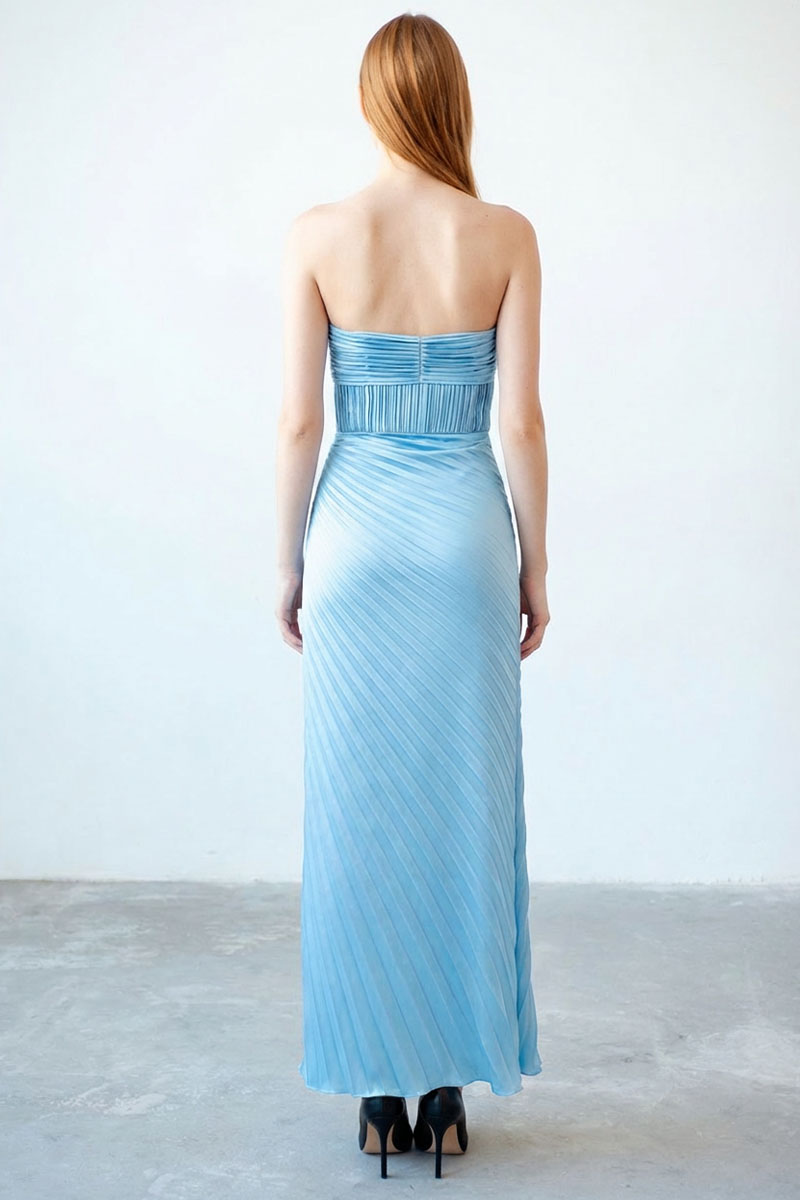 Zenia Pleated Satin Gown | JewelClues #color_sky blue