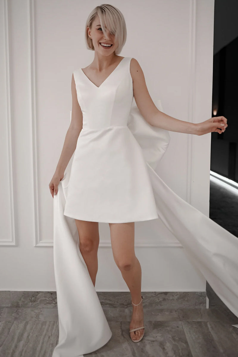 Zenni Short Satin Back-Bow Wedding Dress | Jewelclues
