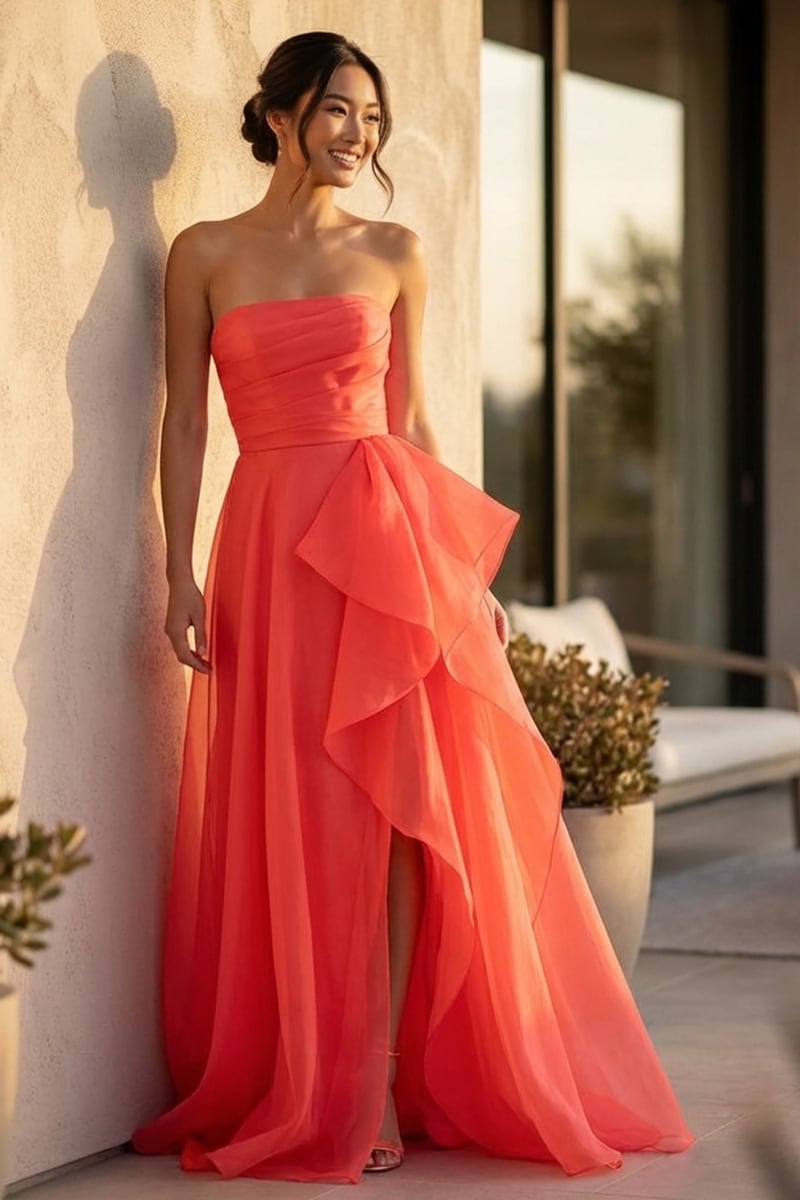 Zoya Strapless Maxi Dress | Jewelclues #color_coral