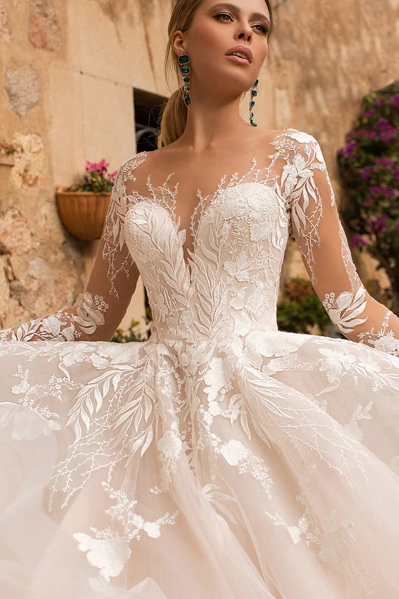 Abernathy Illusion Lace A-line Tulle Wedding Dress | Jewelclues | #color_champagne