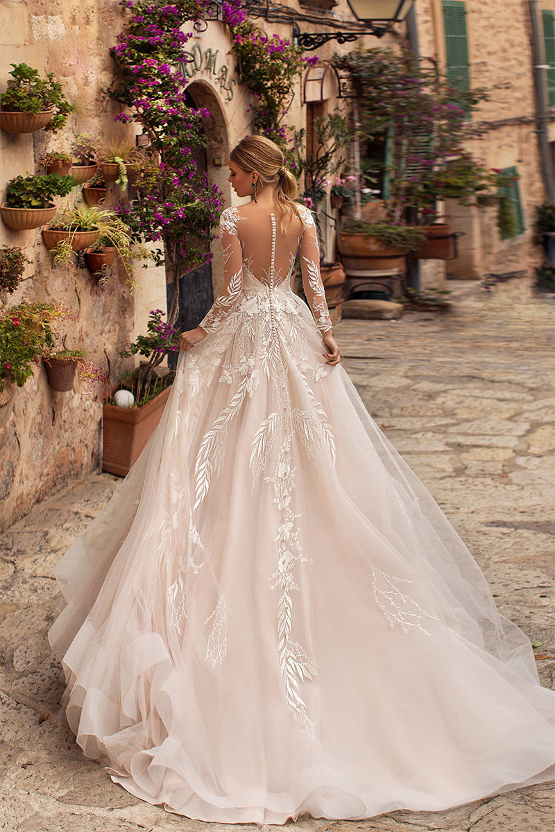 Abernathy Illusion Lace A-line Tulle Wedding Dress | Jewelclues | #color_champagne