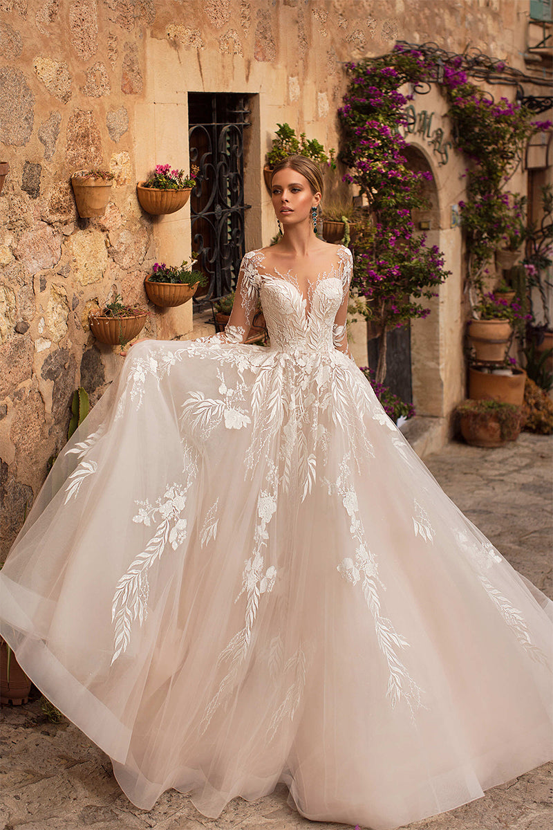 Abernathy Illusion Lace A-line Tulle Wedding Dress | Jewelclues | #color_champagne