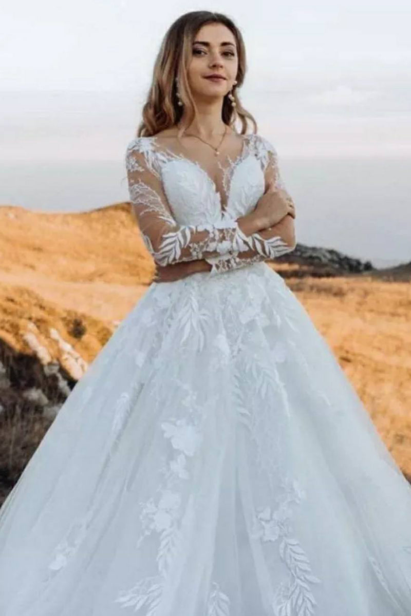 Abernathy Illusion Lace A-line Tulle Wedding Dress | Jewelclues | #color_white