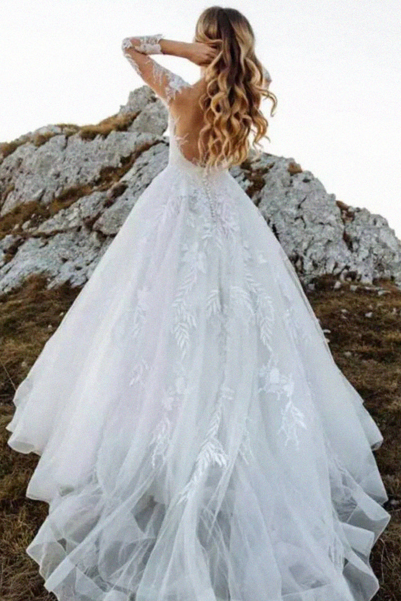 Abernathy Illusion Lace A-line Tulle Wedding Dress | Jewelclues | #color_white