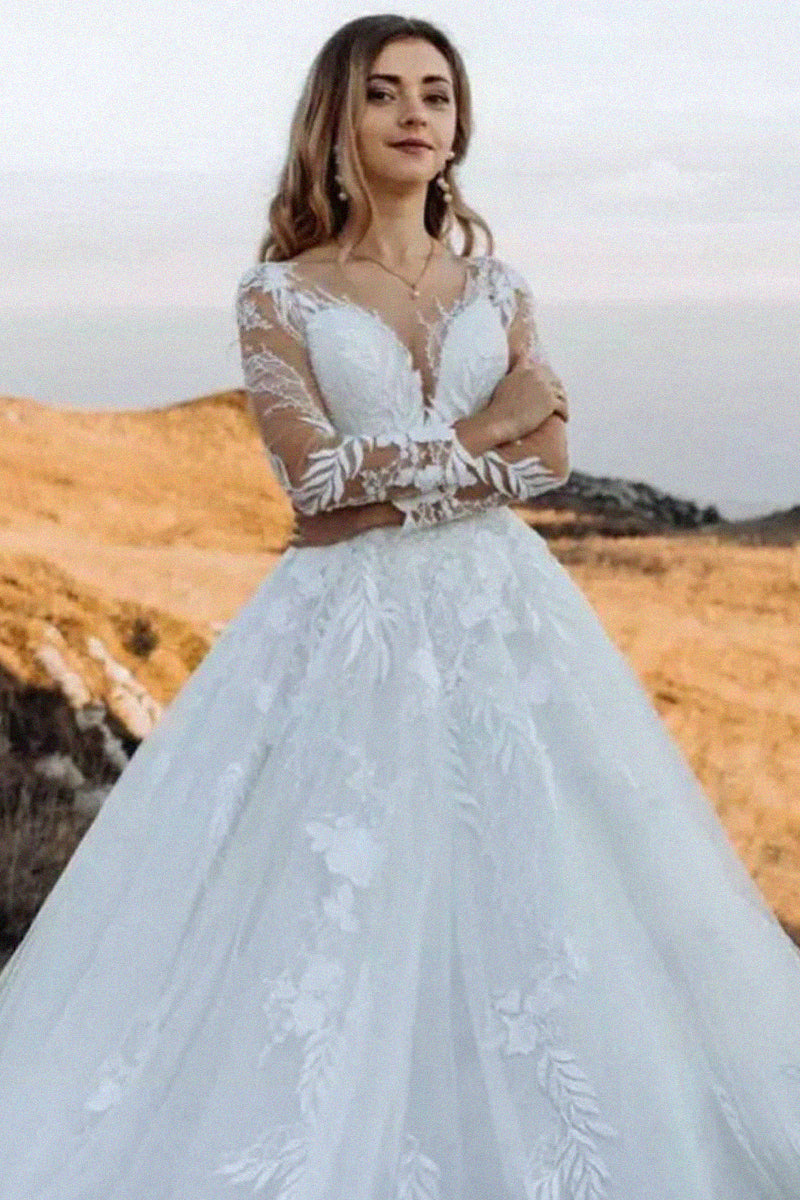 Abernathy Illusion Lace A-line Tulle Wedding Dress | Jewelclues | #color_white