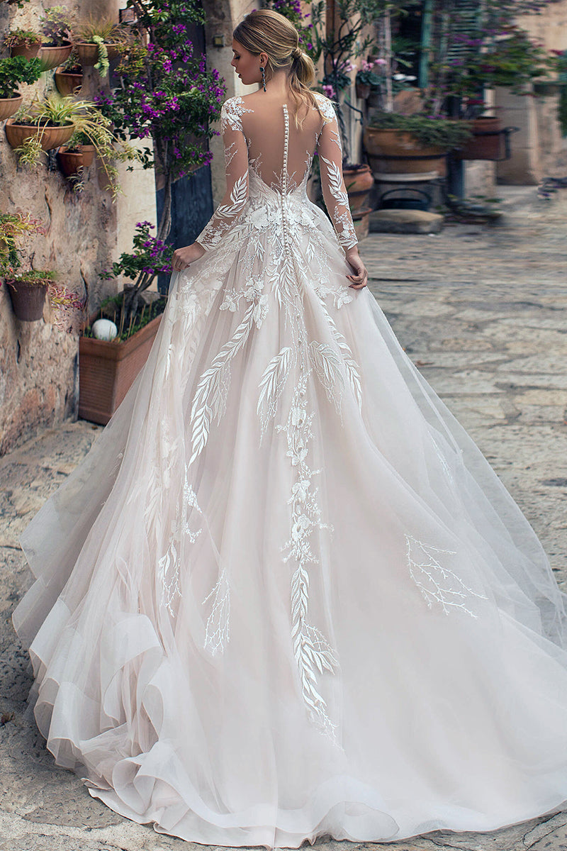 Abernathy Illusion Lace A-line Tulle Wedding Dress | Jewelclues | #color_ivory