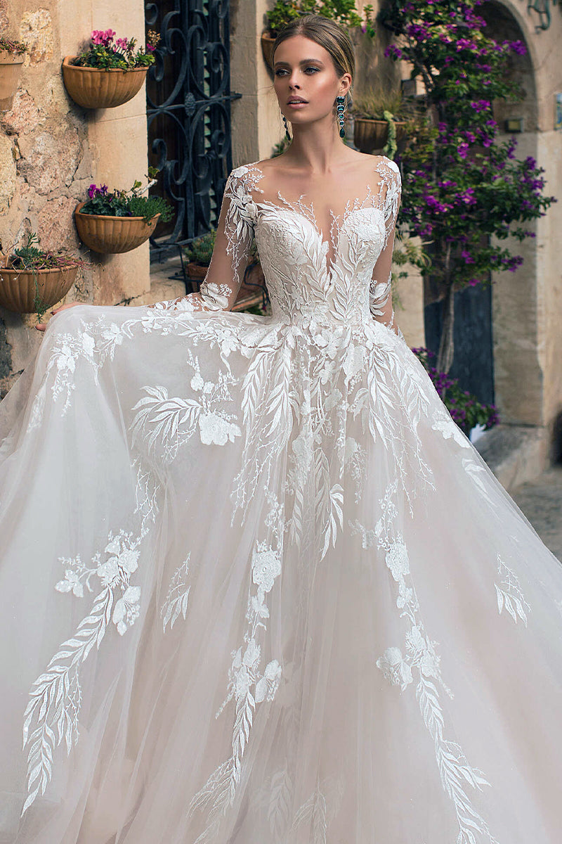 Abernathy Illusion Lace A-line Tulle Wedding Dress | Jewelclues | #color_ivory