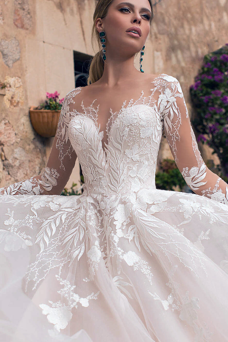 Abernathy Illusion Lace A-line Tulle Wedding Dress | Jewelclues | #color_ivory