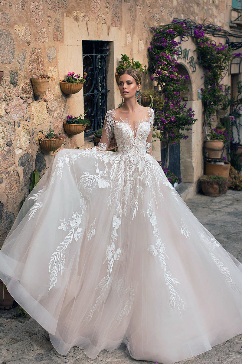 Abernathy Illusion Lace A-line Tulle Wedding Dress | Jewelclues | #color_ivory