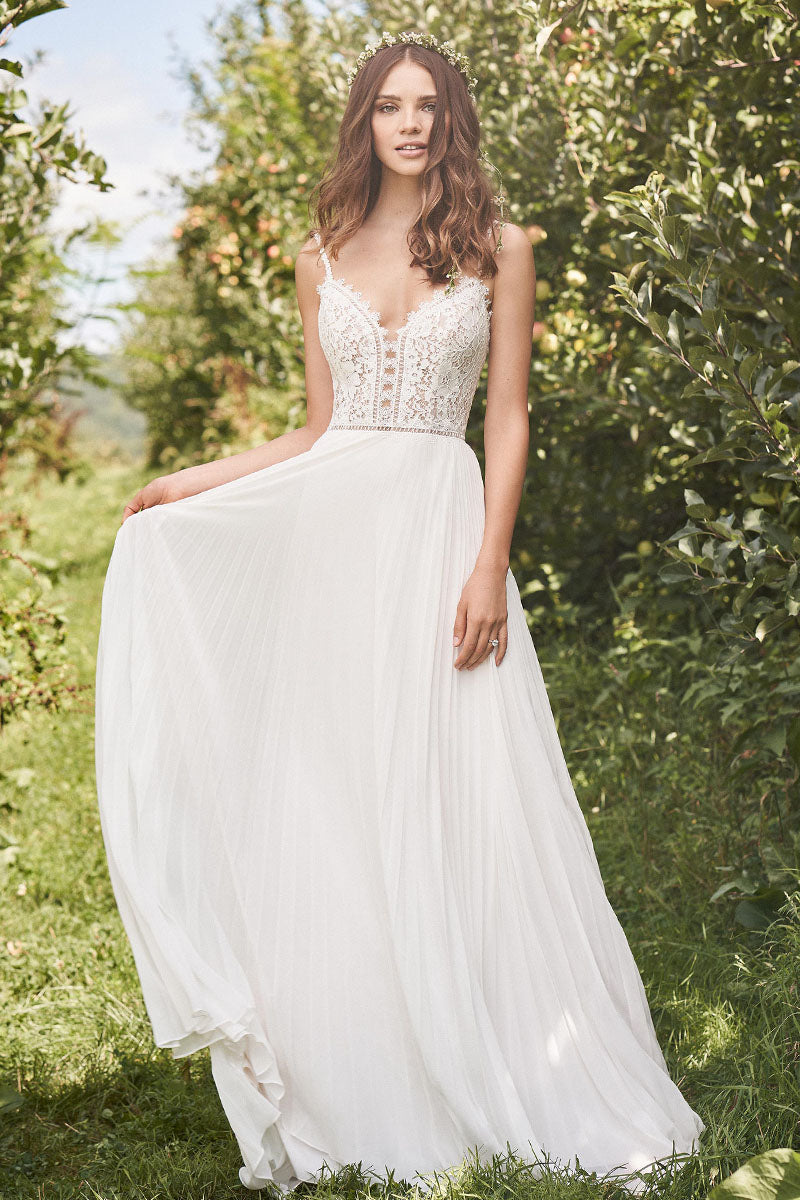 Allegra Lace Accordion Pleated A-line Wedding Dress | Jewelclues