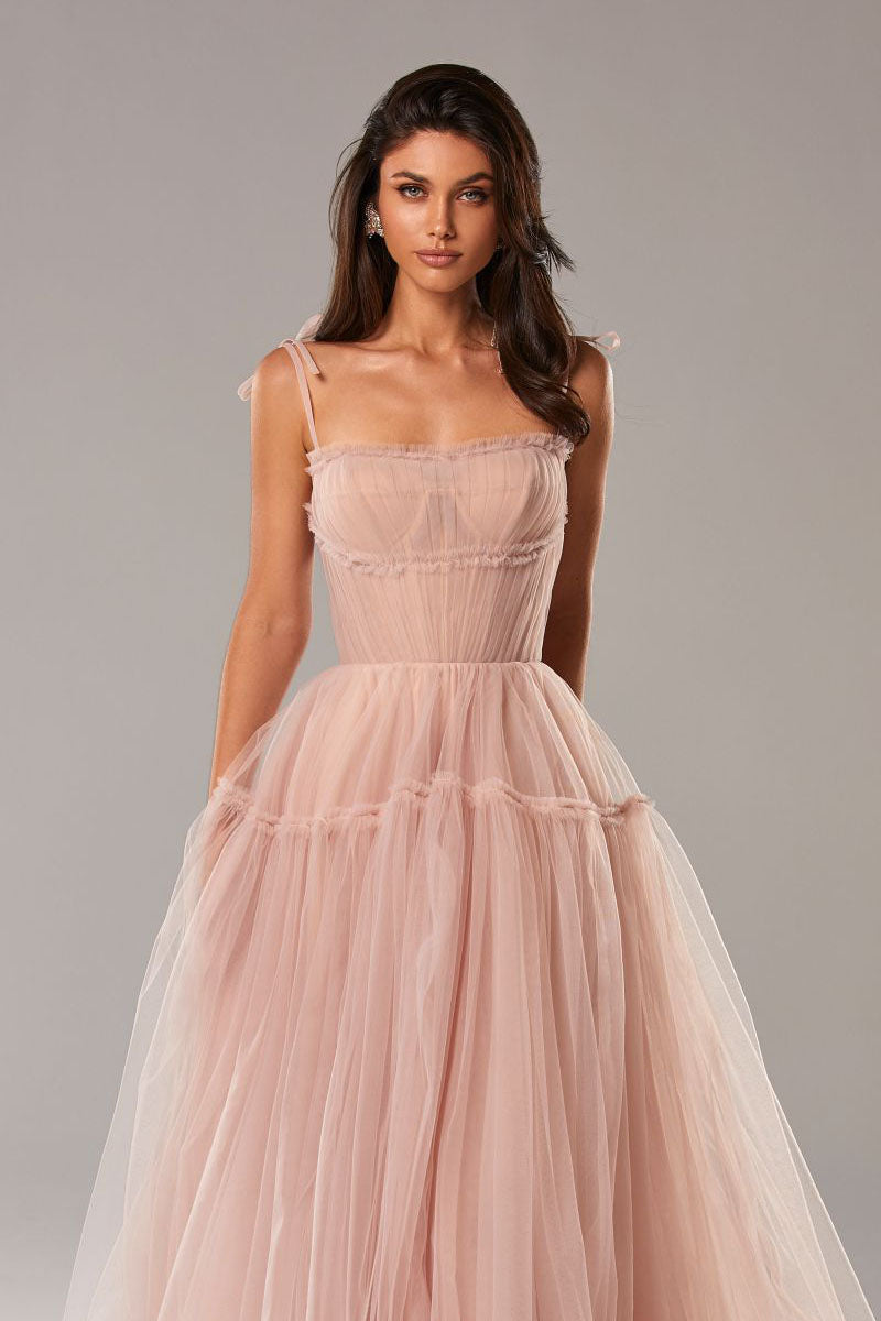 Alluring Beauty Tie-Strap Tulle Maxi Dress | Jewelclues | #color_blush pink