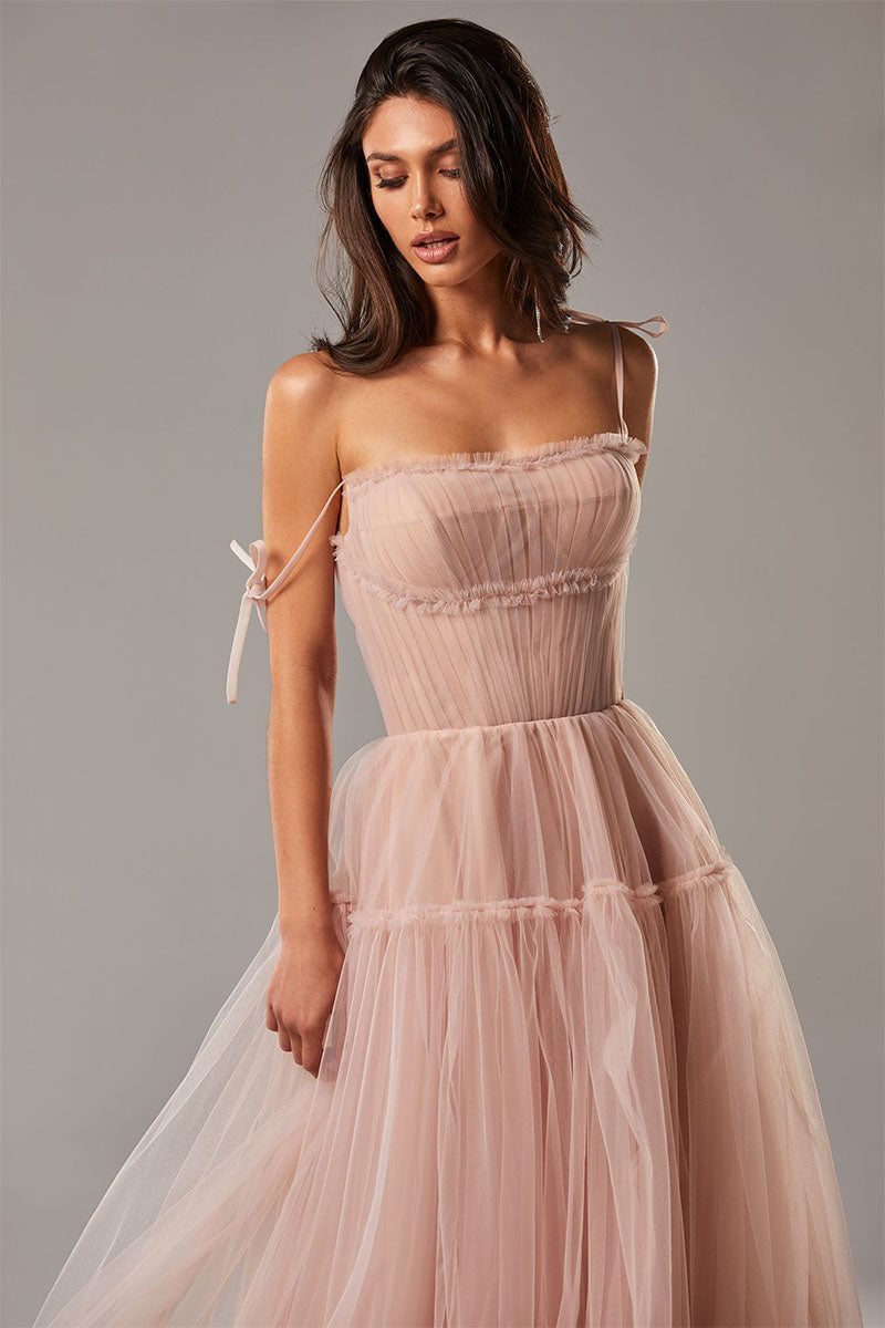 Alluring Beauty Tie-Strap Tulle Maxi Dress | Jewelclues | #color_blush pink