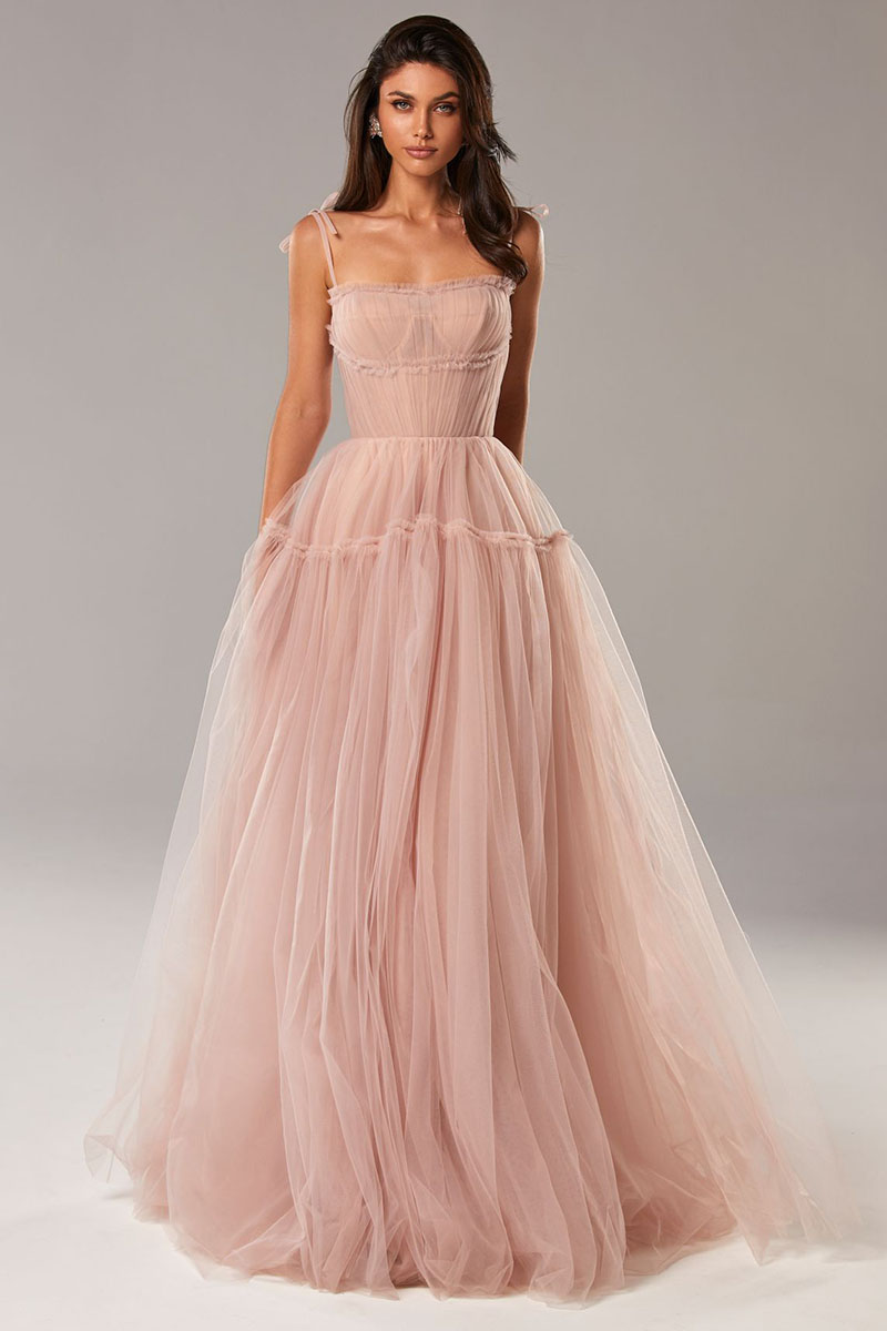 Alluring Beauty Tie-Strap Tulle Maxi Dress | Jewelclues | #color_blush pink
