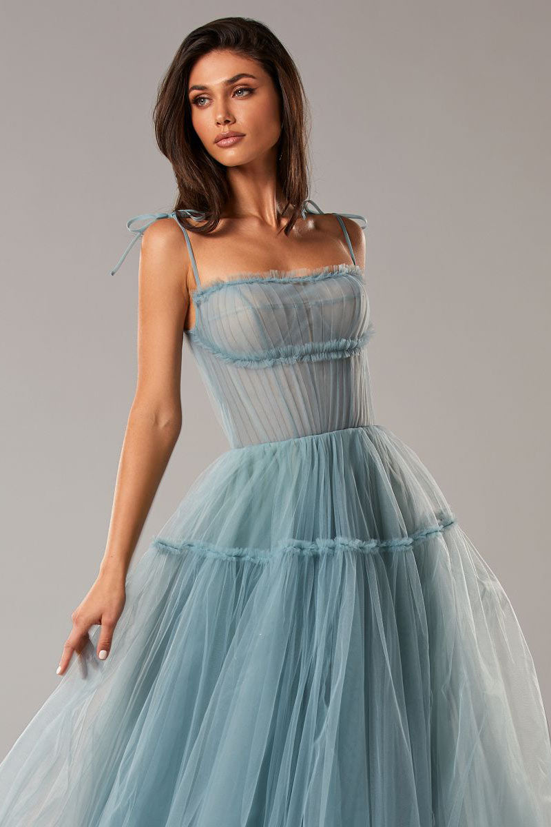 Alluring Beauty Tie-Strap Tulle Maxi Dress | Jewelclues | #color_dusty blue