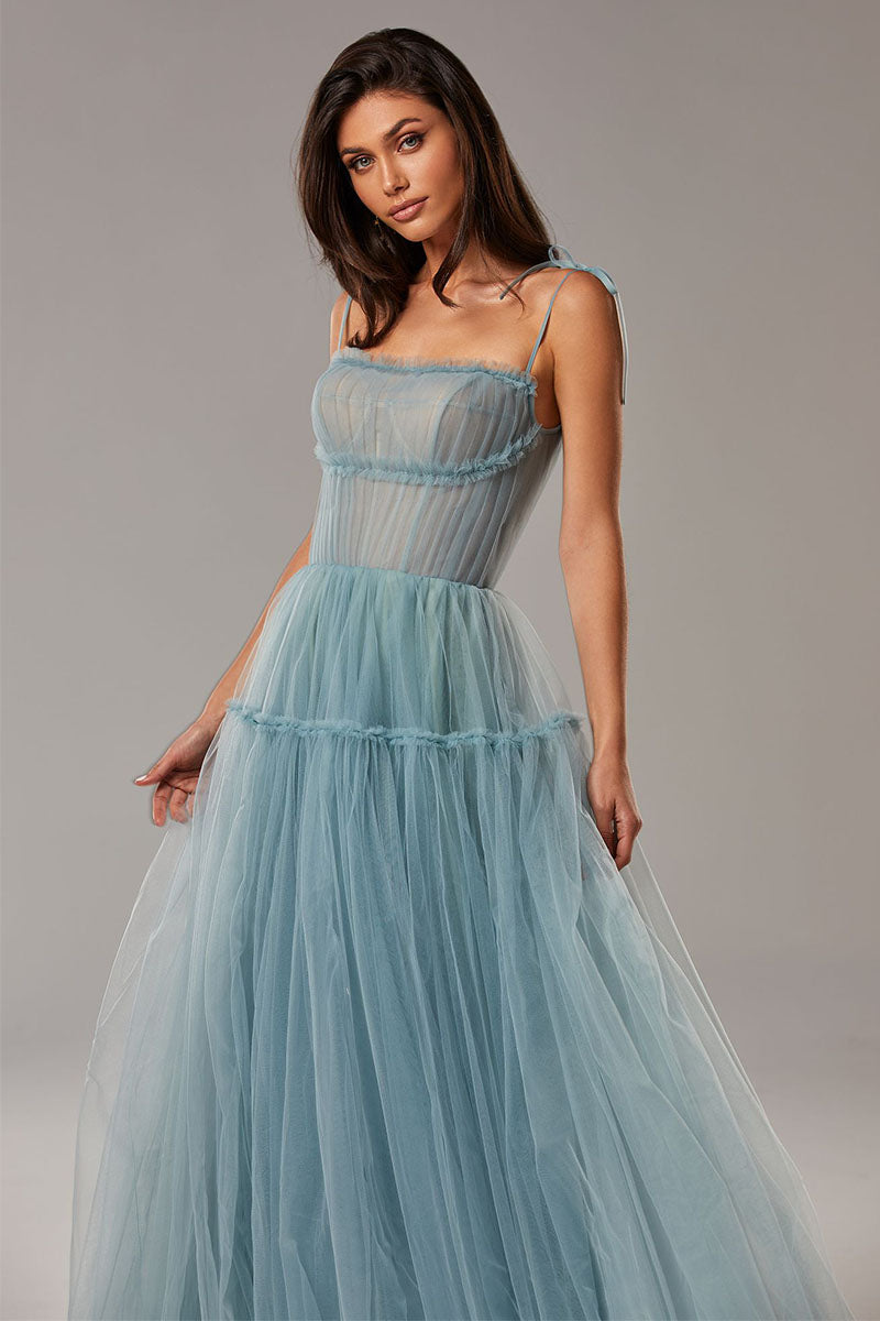 Alluring Beauty Tie-Strap Tulle Maxi Dress | Jewelclues | #color_dusty blue