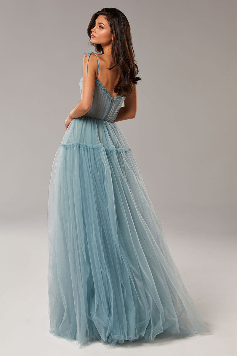 Jewelclues Alluring Beauty Tie-Strap Tulle Maxi Dress Dusty Blue / 16