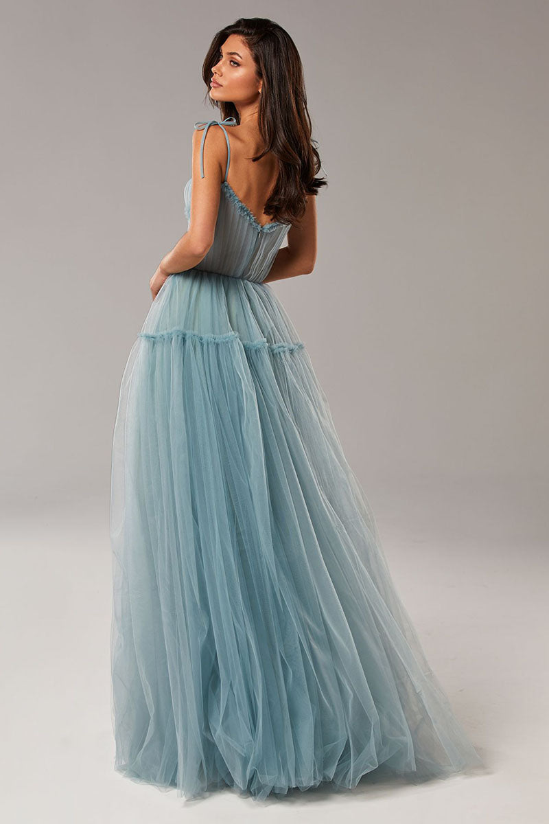 Alluring Beauty Tie-Strap Tulle Maxi Dress | Jewelclues | #color_dusty blue