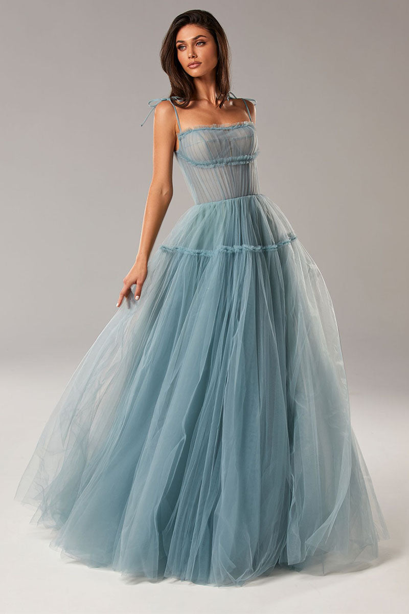 Alluring Beauty Tie-Strap Tulle Maxi Dress | Jewelclues | #color_dusty blue