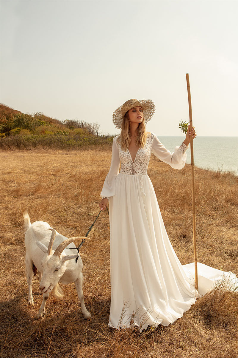 Bonaire Lace Chiffon Bridal Gown | Jewelclues | #color_ivory