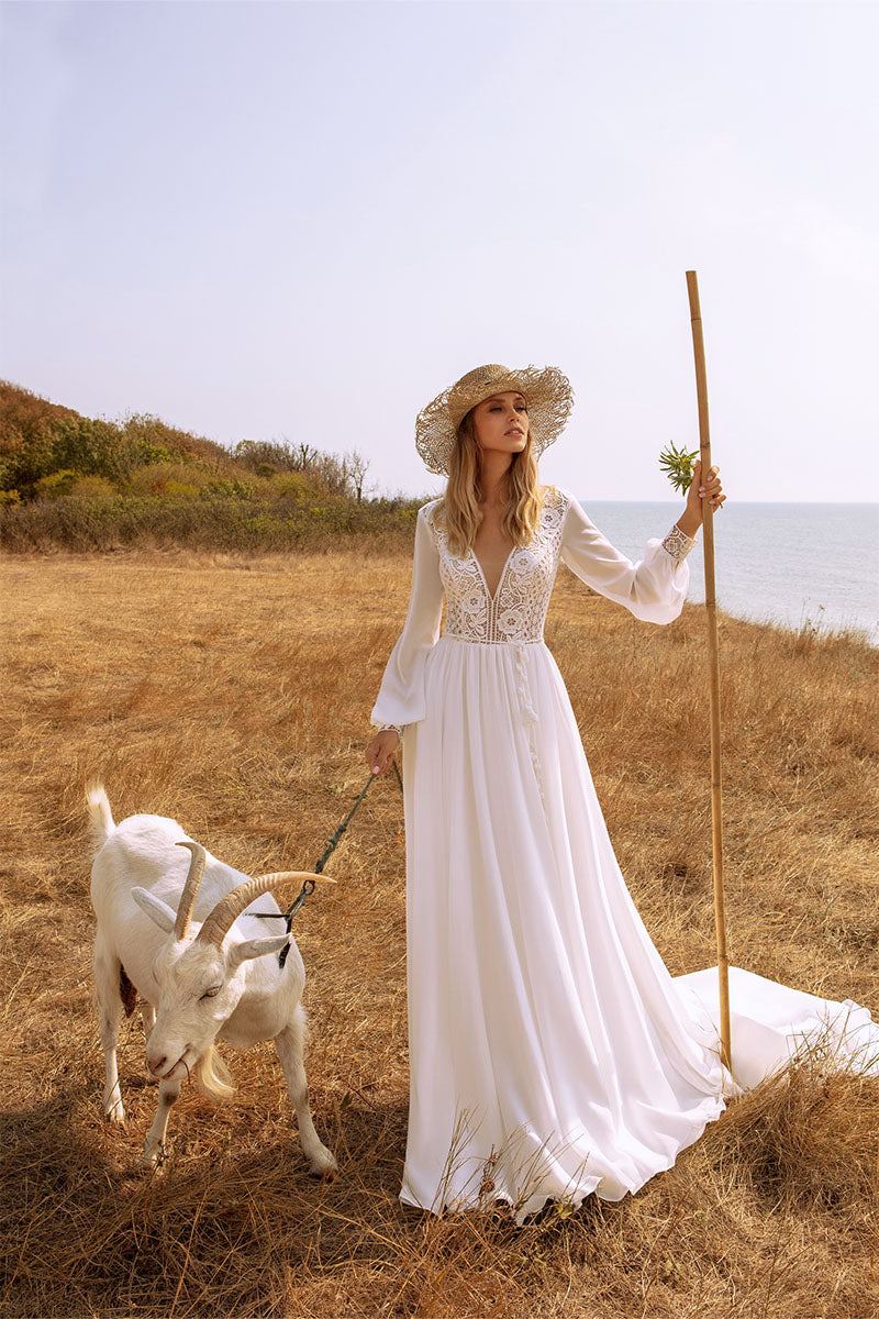 Bonaire Lace Chiffon Bridal Gown | Jewelclues | #color_white