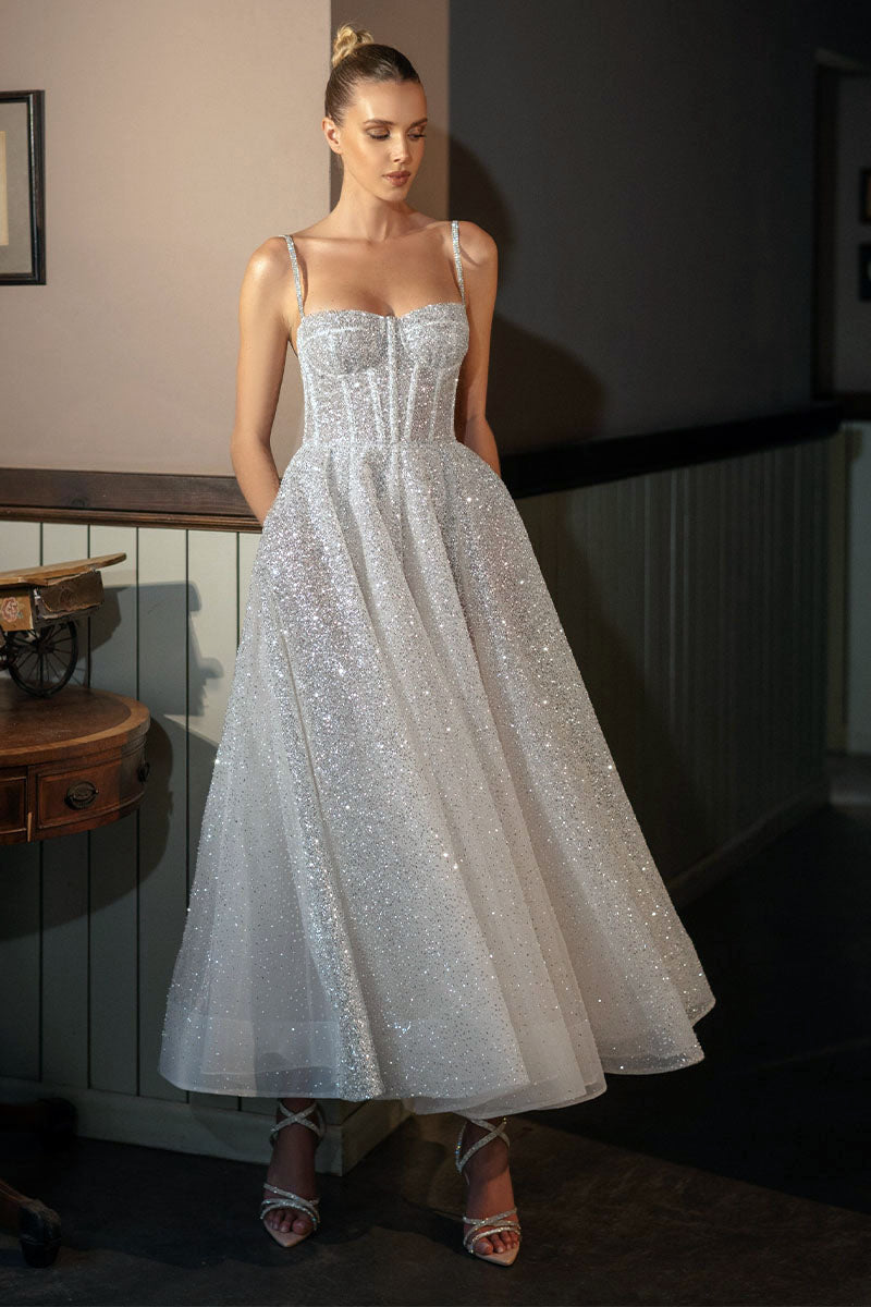 Dazzling Moi Glitter Sleeveless Midi Dress | Jewelclues | #color_white