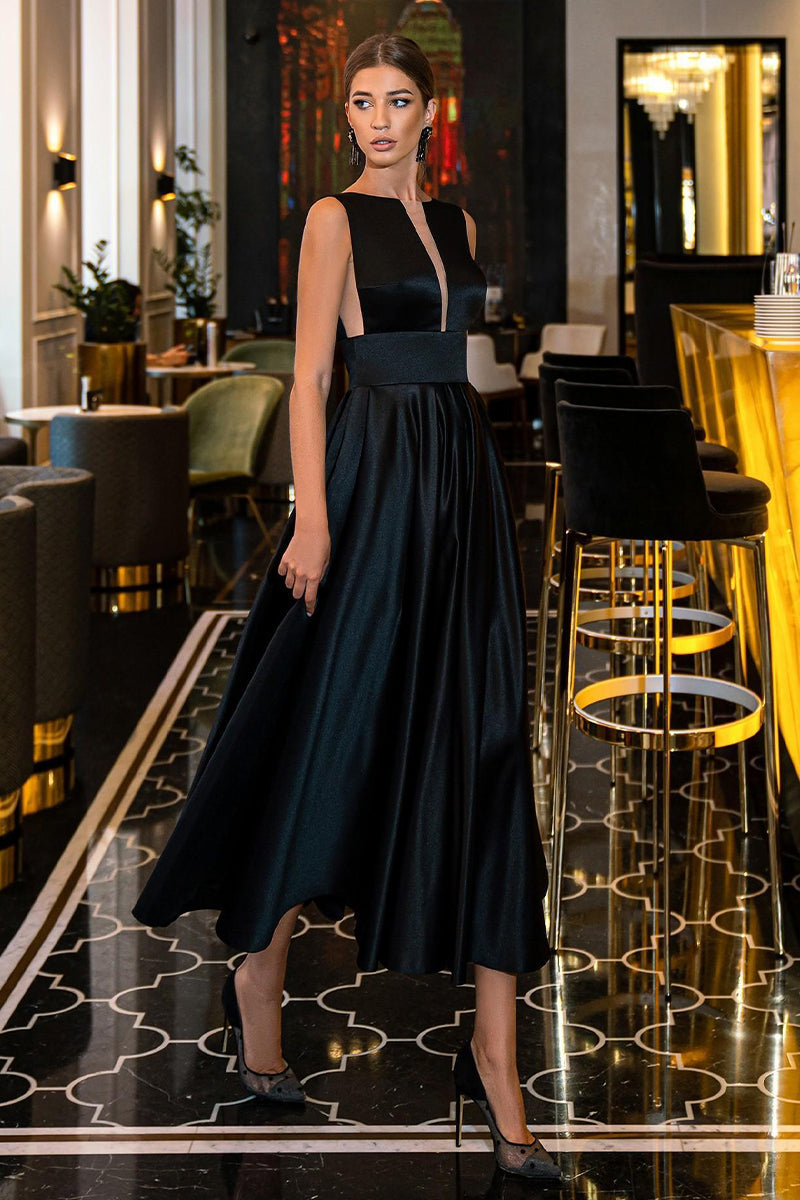 Evening Spotlight Satin Sleeveless Midi Dress | Jewelclues | #color_black