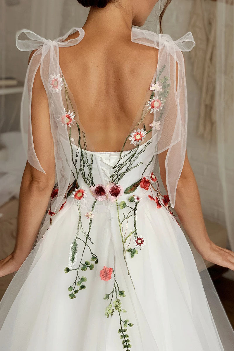 Everlasting Promise White Tie-Strap Wedding Dress | Jewelclues