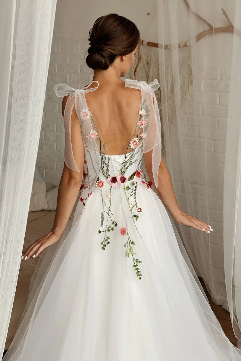 Everlasting Promise White Tie-Strap Wedding Dress | Jewelclues
