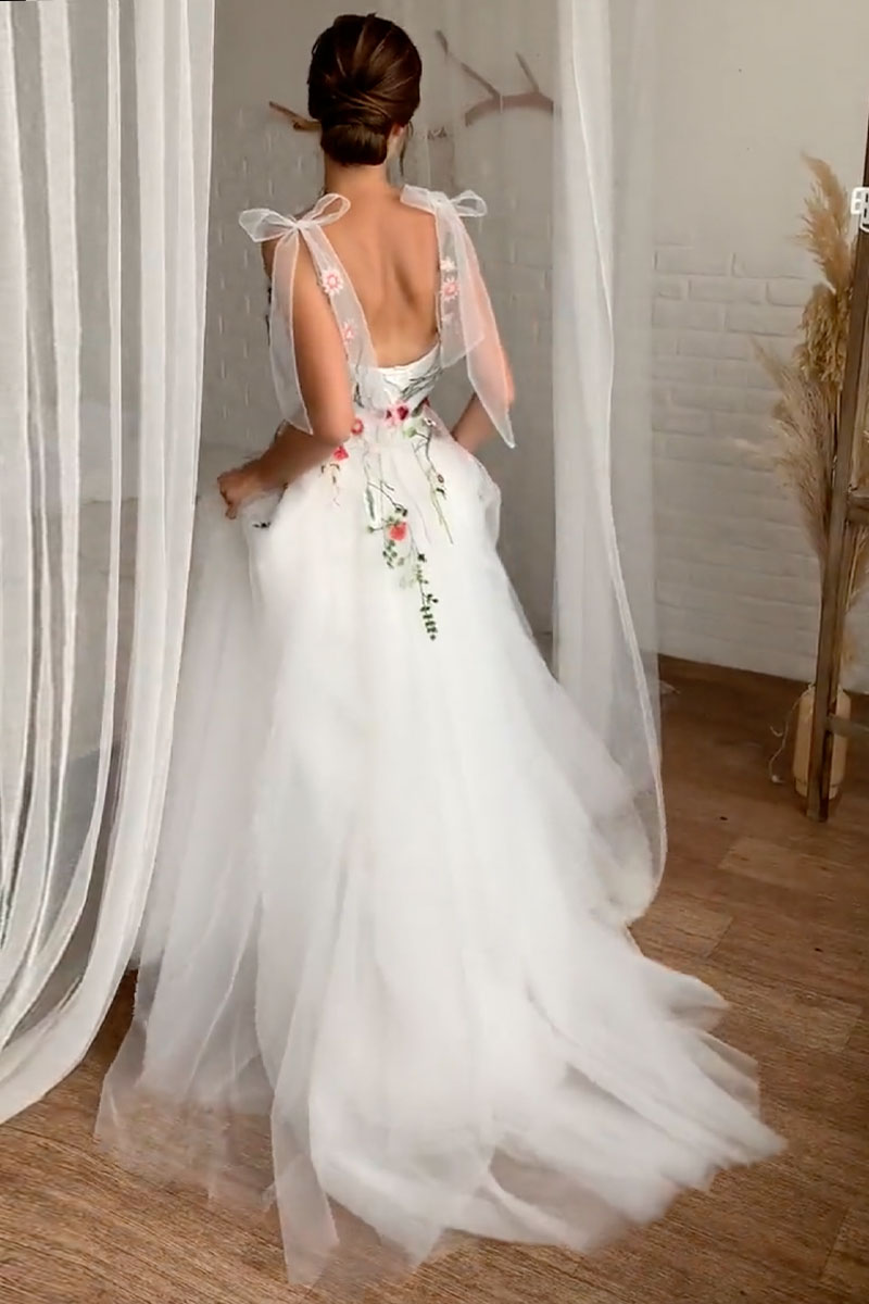 Everlasting Promise White Tie-Strap Wedding Dress | Jewelclues