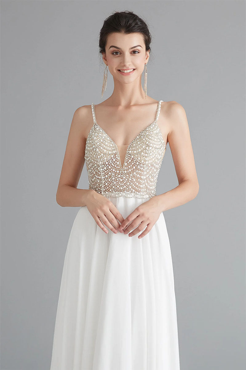 Evora Pearl Beaded Backless Maxi Dress | Jewelclues